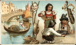 Venetian Gondola Scene, Carnicval Masks and Italian Children Gambling Advertising Trade Card Trade Card Trade Card