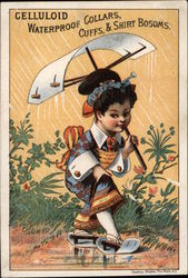 Oriental Lady in Rain with Waterproof Cuff for Umbrella Women Trade Card Trade Card Trade Card