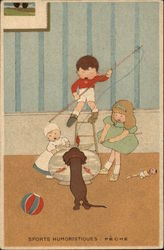 Young Children and Dog Fishing in Fishbowl Comic, Funny Trade Card Trade Card Trade Card