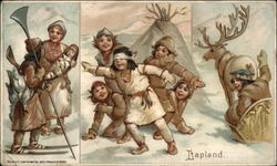 Man Hiking Through Snow, Playing with Children, Leaving on Reindeer-Drawn Sled Coffee & Tea Trade Card Trade Card Trade Card