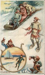 Three on a Toboggan, Man Wearing Snowshoes, Snowball Fight, Sailboat Inset Coffee & Tea Trade Card Trade Card Trade Card