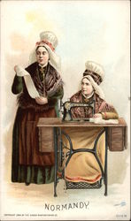 "Normandy" - Two Women in White Bonnets at Sewing Machine Trade Card