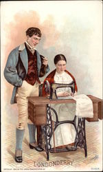 Man Stands and Watches Woman Seated at Sewing Machine Trade Card