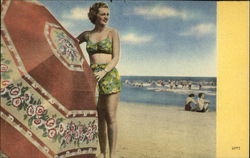 Woman in Swimwear Posing with Umbrella on the Beach Swimsuits & Pinup Postcard Postcard