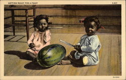 "Getting Ready for a Feast" - Two Black Children with Watermelon Black Americana Postcard Postcard