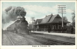 Depot and Train on the Tracks Postcard