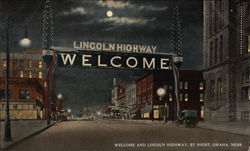 Welcome and Lincoln Highway, By Night Omaha, NE Postcard Postcard