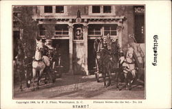 Two Horse Drawn Fire Trucks Leaving Fire House Firemen Postcard Postcard