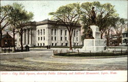 City Hall Square, showing Public Library & Soldiers' Monument Lynn, MA Postcard Postcard