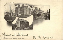 Soldiers Monument, High School, Fitz Library, Pratt House Postcard