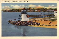 Brant Point Light and Skyline of Town Nantucket, MA Postcard Postcard