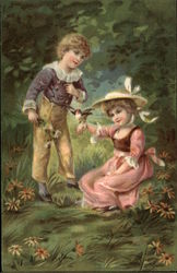 A Boy and a Girl in a Garden With Children Postcard Postcard