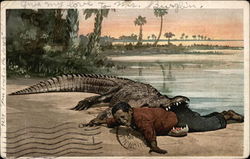 Crocodile with Little Black Boy in its Mouth Black Americana Postcard Postcard