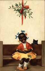 Little Black Girl with Cornrows with Blue Bows Sitting Under Mistletoe Black Americana Postcard Postcard