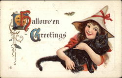 Halloween Greetings - Girl Witch with Cat Postcard Postcard