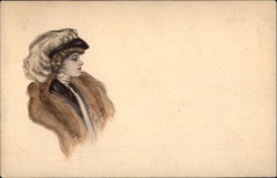 Sketch of Woman Wearing Plumed Hat and Fur in Profile Postcard