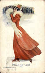 "Skating Girl" - Brunette in Long Red Dress & Fur Muff Postcard