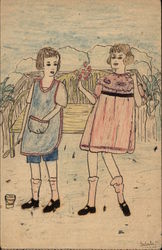 Two Young Girls Hand Drawn Postcard Postcard