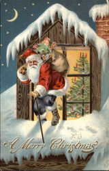 Santa Climbing Out a Window Postcard