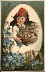 A Joyful Easter with Young Boy & Basket of Eggs Postcard