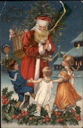 Santa in Red Robe Surrounded by Three Children Postcard Postcard