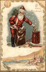 A Merry Christmas - Santa Putting Toys in Chimney Santa Claus Postcard Postcard