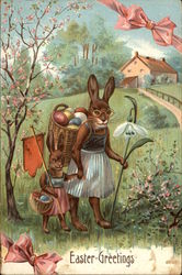 Easter Greeting with Bunnies in Clothing Carrying Egg Baskets Postcard Postcard