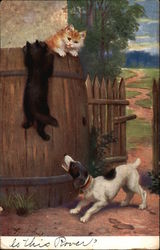 Barking Dog Chasing Two Kittens into a Barrel Dogs Postcard Postcard