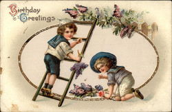 Birthday Greetings with Flowers & Children Postcard