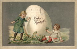 Easter Greetings with Children & Egg Postcard