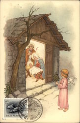 Angel Standing Outside of Manger Viewing Joseph, Mary, and Jesus Postcard