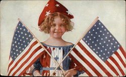 Young Girl Wearing Red, White & Blue holding American Flags Postcard