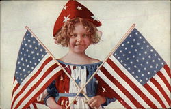 Little Girl Wearing Red, White & Blue, Holding American Flags Postcard