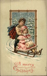 A Merry Christmas with Children on a Sled Postcard