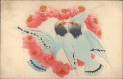 Pair of Doves in Pink Heart-Shaped Flower Wreath Postcard