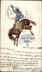 "Stick to Your Saddle" - Rodeo Cowboy on Bronco Postcard