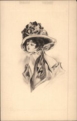 Black & White Sketch of Beautiful Woman in Large Hat Postcard