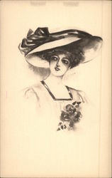 Black & White Sketch of Beautiful Woman in Large Hat Postcard