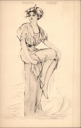 Pen and Ink of Woman Sitting on Pier Postcard