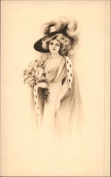 Black & White Sketch of Beautiful Woman in Large Hat and Formal Attire Postcard