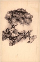 Black & White Sketch of Beautiful Woman in Profile Postcard