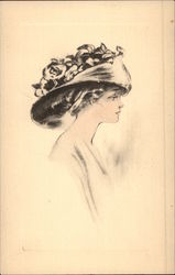 Black & White Sketch of Beautiful Woman in Large Hat Women Postcard Postcard