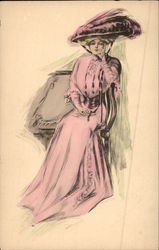 Woman in Pink Old-Fashioned Dress and Plumed Hat Postcard