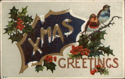 Christmas Greetings with Holly and Birds Postcard Postcard