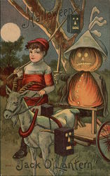 Rare Boy & Goat Cart w/Jack O'Lantern Halloween Postcard Postcard