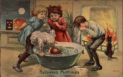 Halloween Pastimes Children Bobbing for Apples Postcard Postcard