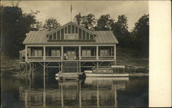 Waterfront Club House, Dock and Boat Postcard