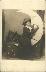 Woman Posing With Paper "Man On The Moon" Moons Postcard Postcard