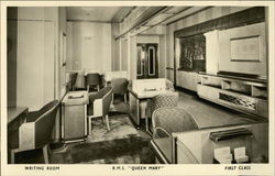 Writing Room, R.M.S. Queen Mary, First Class Boats, Ships Postcard Postcard