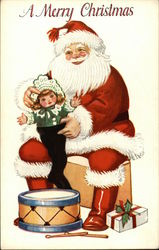 A Merry Christmas with Santa Filling a Stocking Postcard